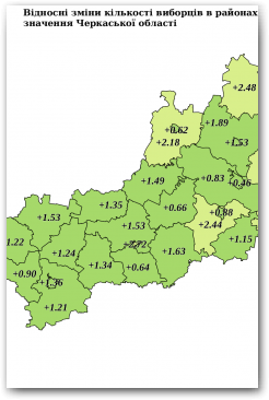 Відносні зміни кількості виборців в районах та містах обласного значення Черкаської області Нажмите для увеличения