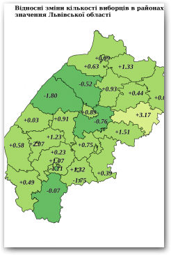Відносні зміни кількості виборців в районах та містах обласного значення Львівської області Нажмите для увеличения