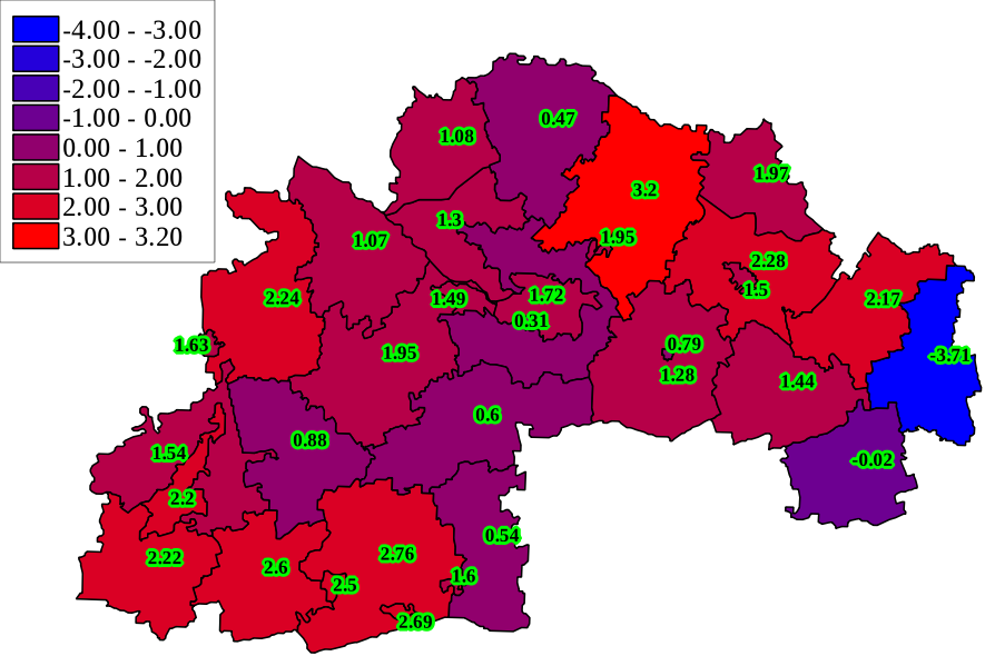 Картограма мінливості кількості виборців в межах адміністративних одиниць Дніпропетровської області